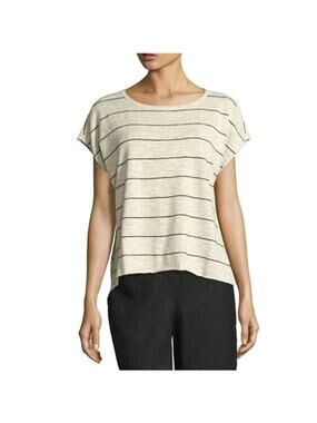 Eileen Fisher Linen Striped Top Hi Low Loose Fit Short Sleeve Tan & Black S